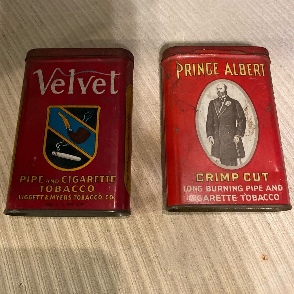 Vintage tobacco cans, velvet, Prince Albert